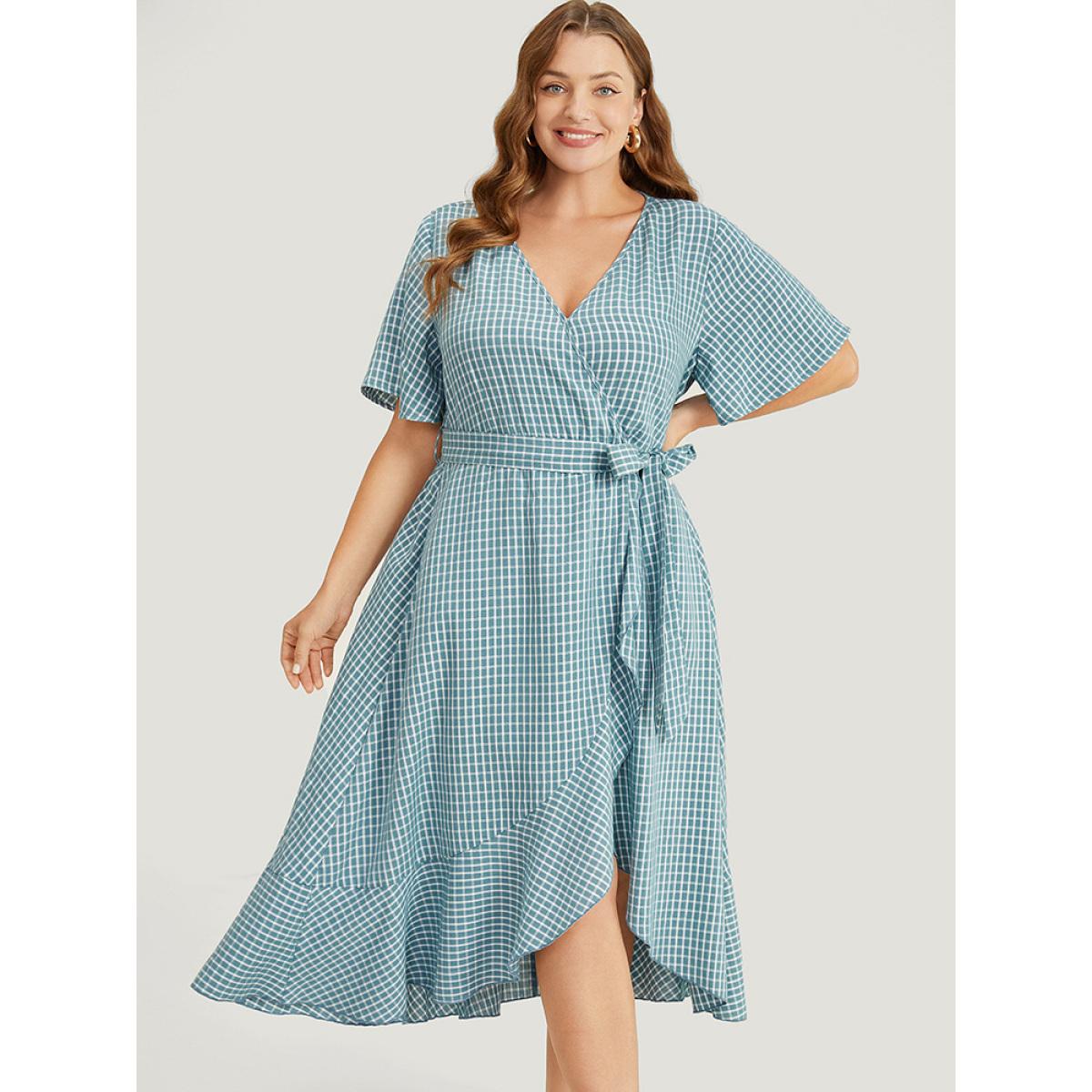 Plus Size Gingham Pocket Belted Ruffle Trim Surplice Neck Dress Cerulean Women Office Wrap V-neck Short sleeve Curvy Midi Dress BloomChic 30/6X Product Image