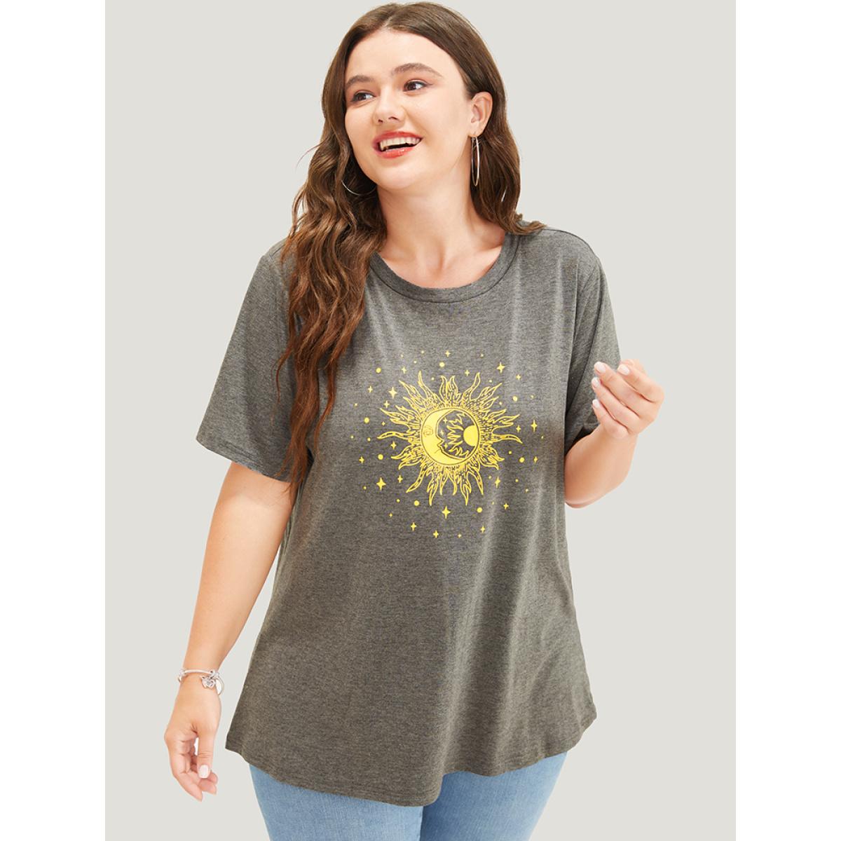 Plus Size Moon And Star Round Neck T-shirt DarkGray Women Casual Printed Star and moon Dailywear T-shirts BloomChic 14-16/1X Product Image