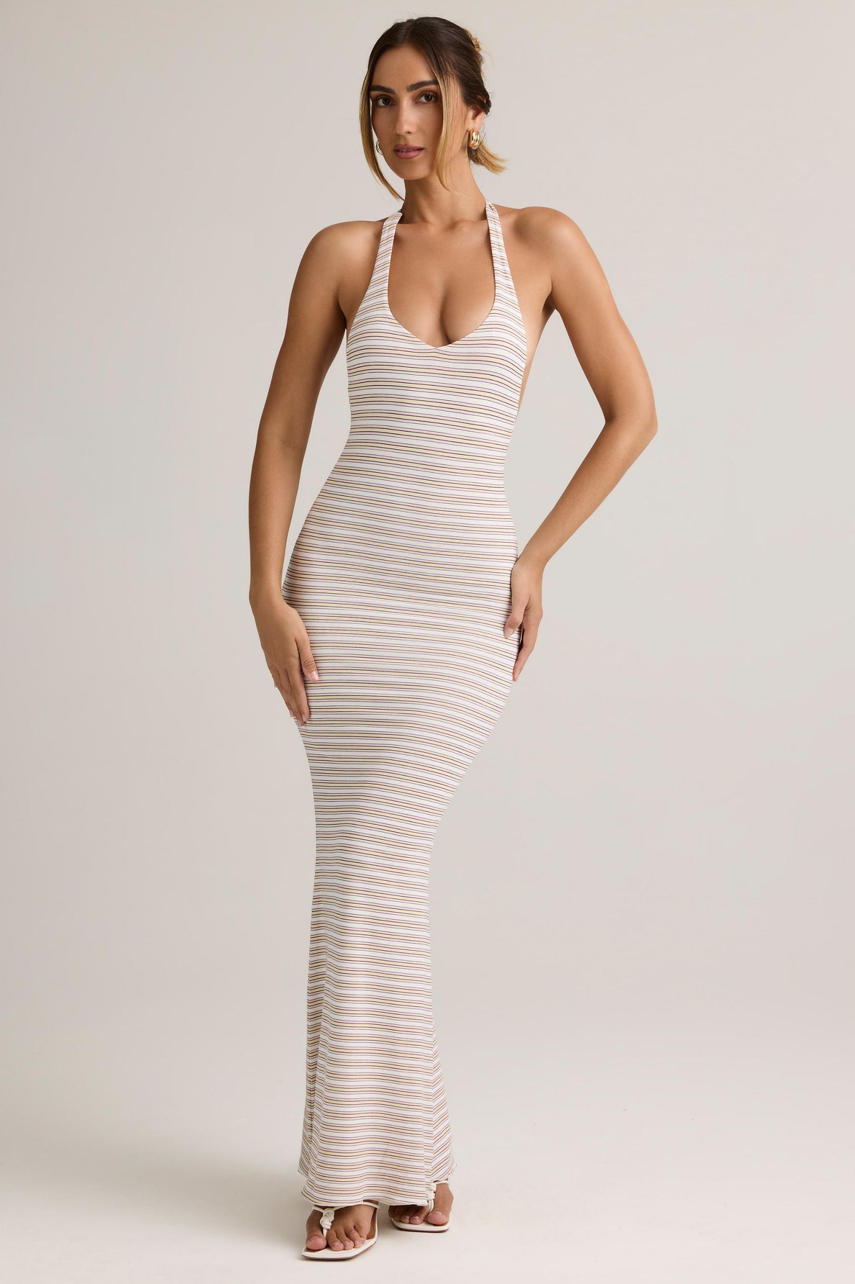 Modal Halterneck Maxi Dress in Pink Yellow Stripe Product Image