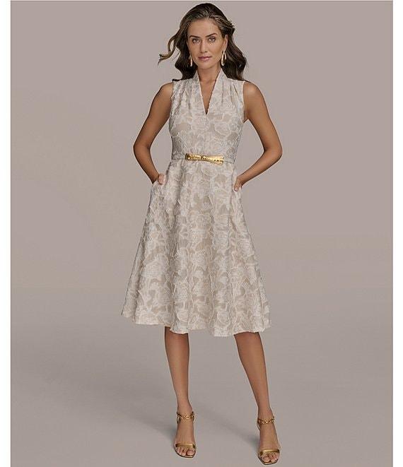 Donna Karan Jacquard V-Neck Sleeveless Belted A-Line Floral Lace Midi Dress Product Image