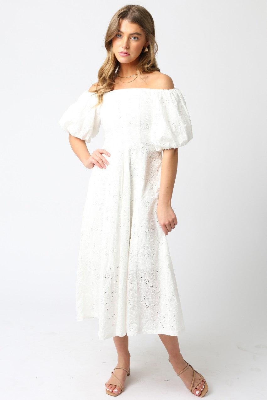 Gracie Eyelet Puff Sleeve Midi Dress | White Product Image