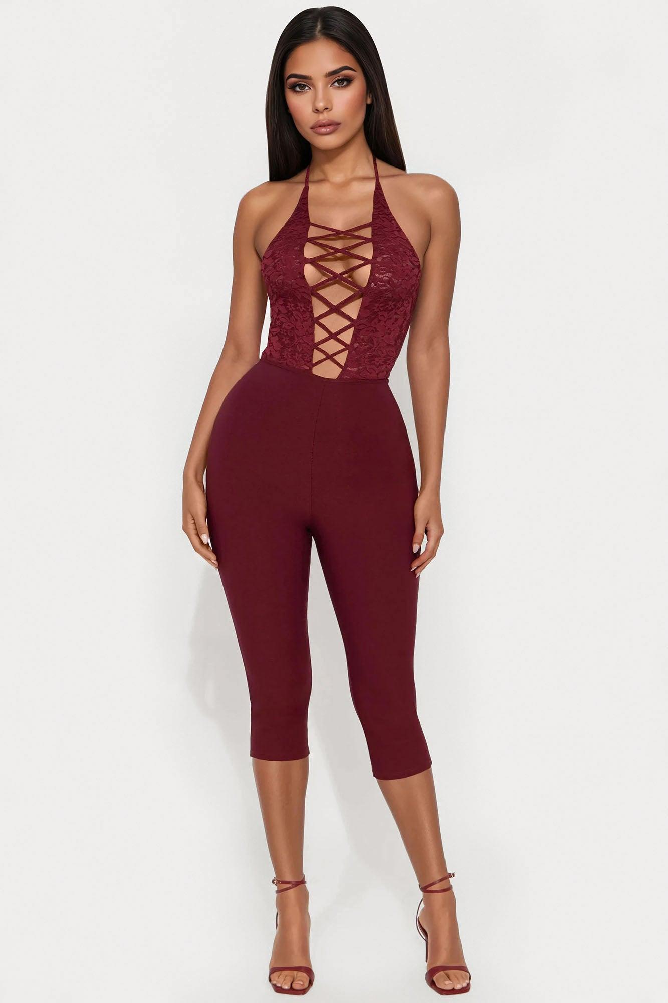 Jamie Lace Halter Bodysuit - Burgundy Female Product Image