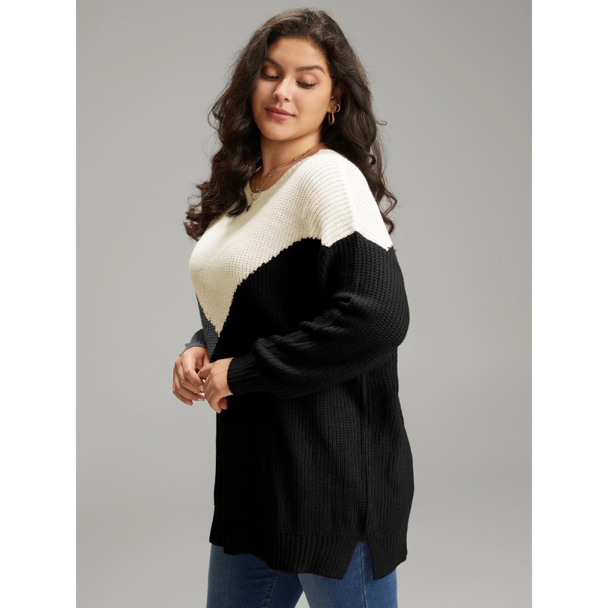 Plus Size Colorblock Split Side Drop Shoulder Pullover Black Women Casual Loose Long Sleeve Round Neck Dailywear Pullovers BloomChic 14-16/1X Product Image