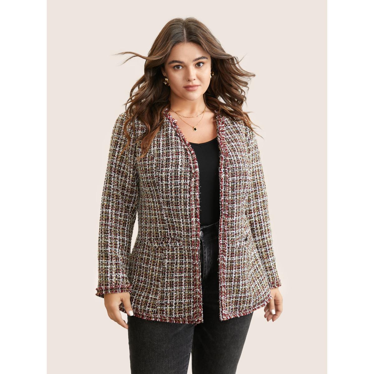 Plus Size Tweed Fuzzy Trim Pocket Open Front Jacket Women Multicolor Texture Pocket Everyday Jackets BloomChic 12/L Product Image