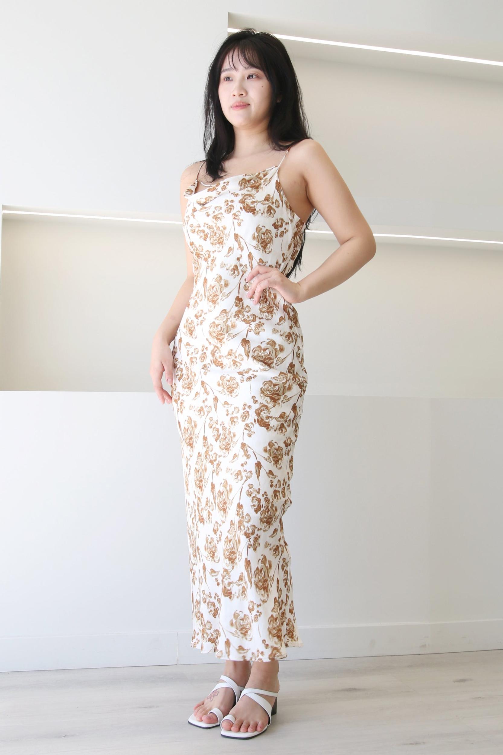 White Brown Rose Print Slip Midi Dress Product Image