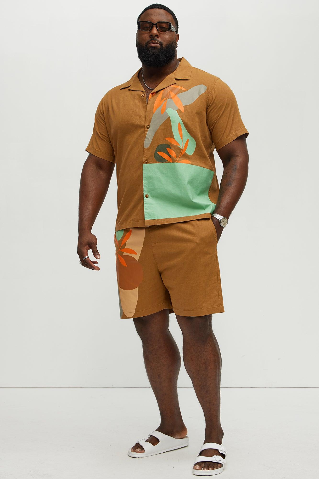 Brown Floral Short Sleeve Button Up Shirt  - Brown Product Image