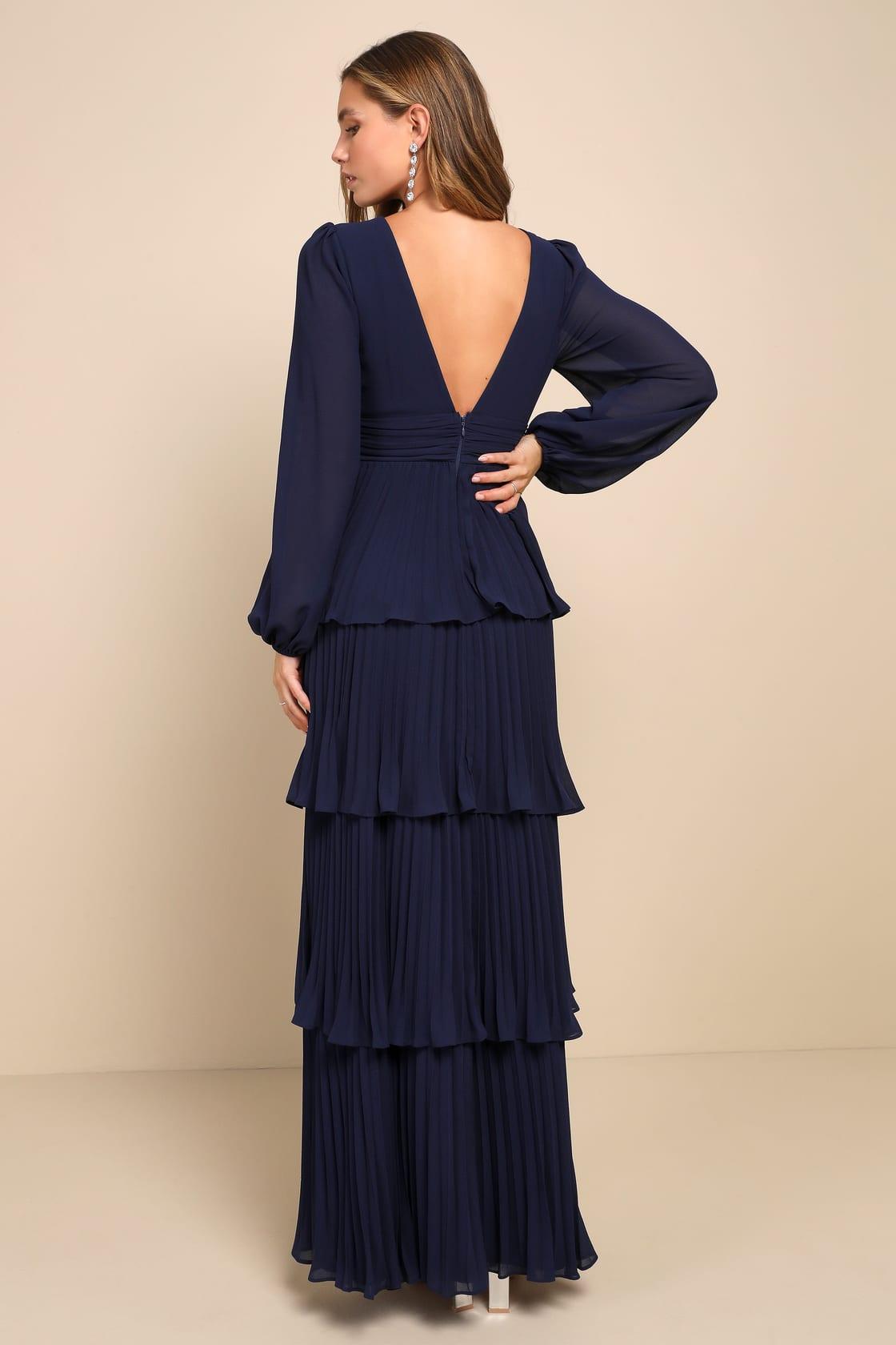 Graceful Finesse Navy Blue Pleated Long Sleeve Maxi Dress Product Image
