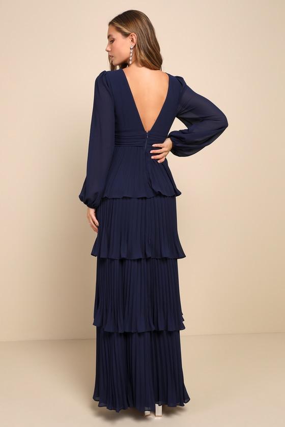 Graceful Finesse Navy Blue Pleated Long Sleeve Maxi Dress Product Image
