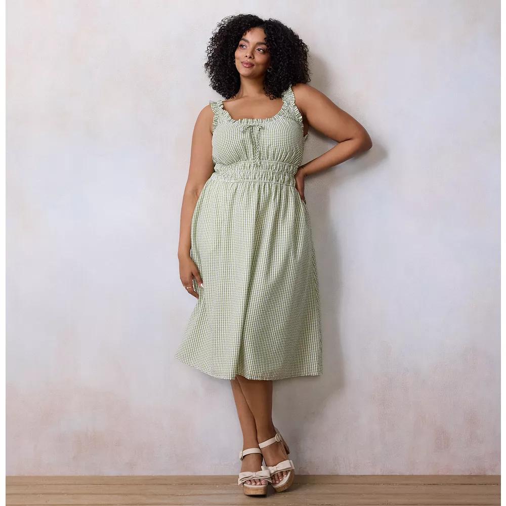 Plus Size LC Lauren Conrad Shirred Bodice Ruffle Strap Midi Dress, Women's, Size: 3XL, Green Tina Gingham Product Image