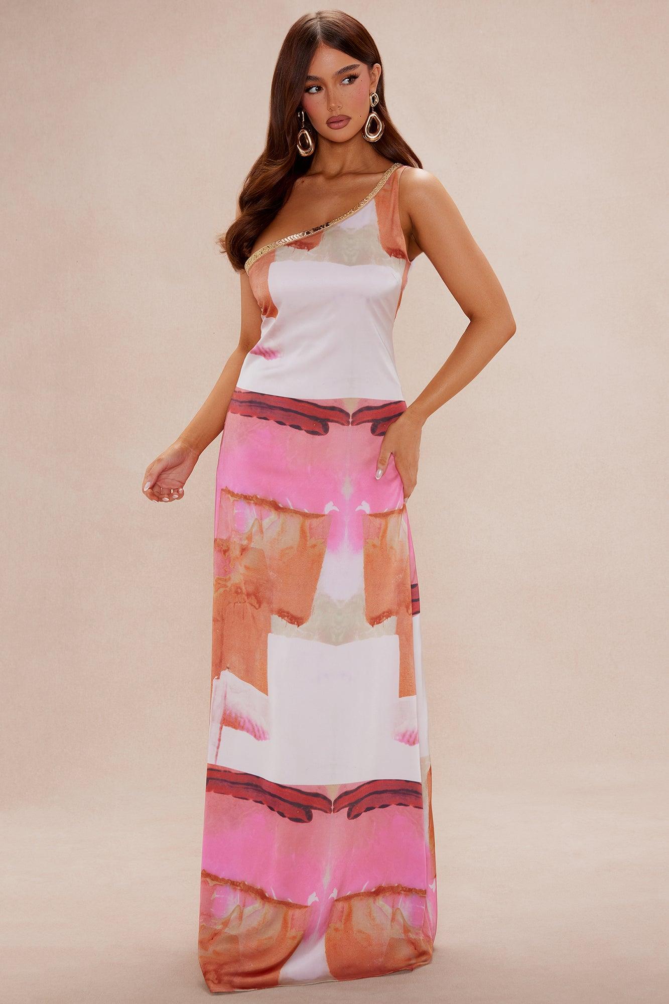 Sabina One Shoulder Satin Maxi Dress - Pink/combo Product Image
