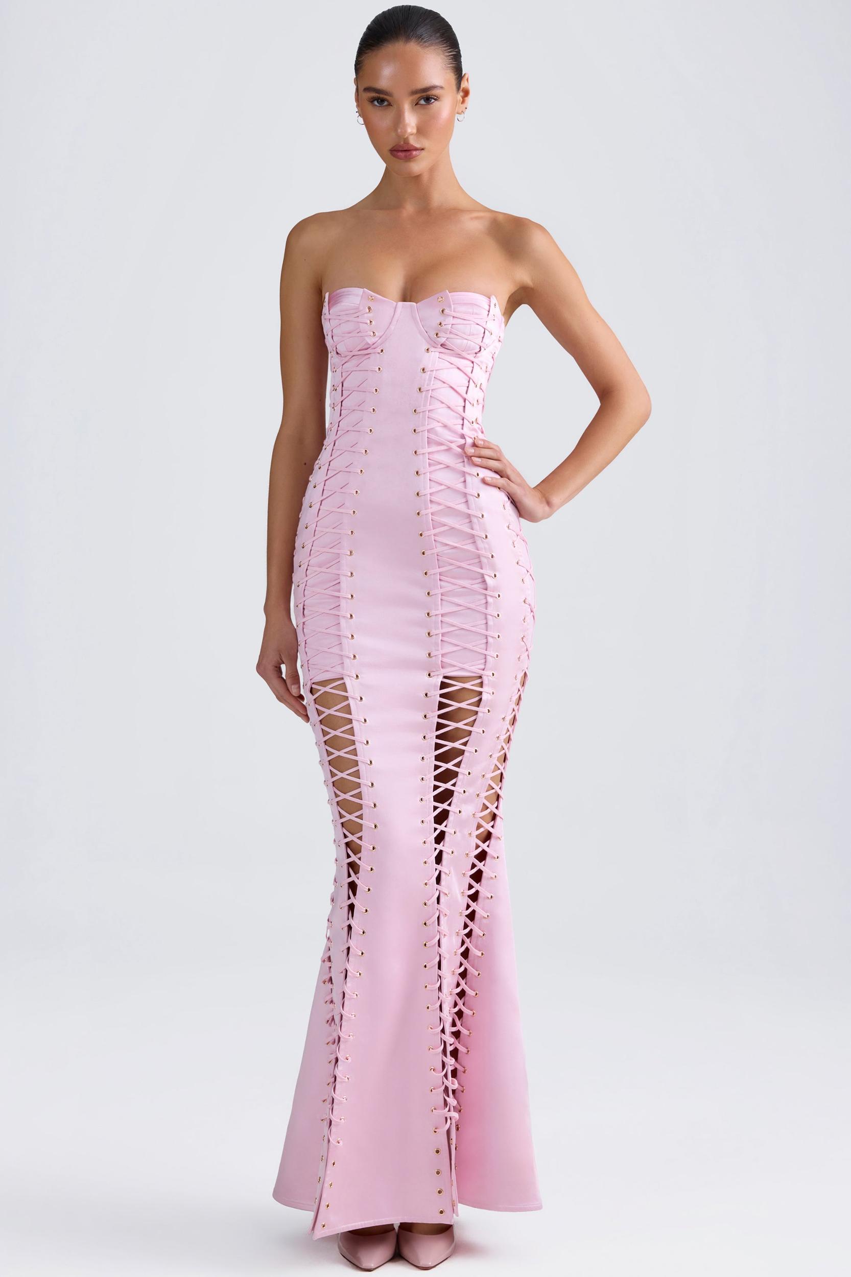 Lace-Up Corset Gown in Light Pink Product Image