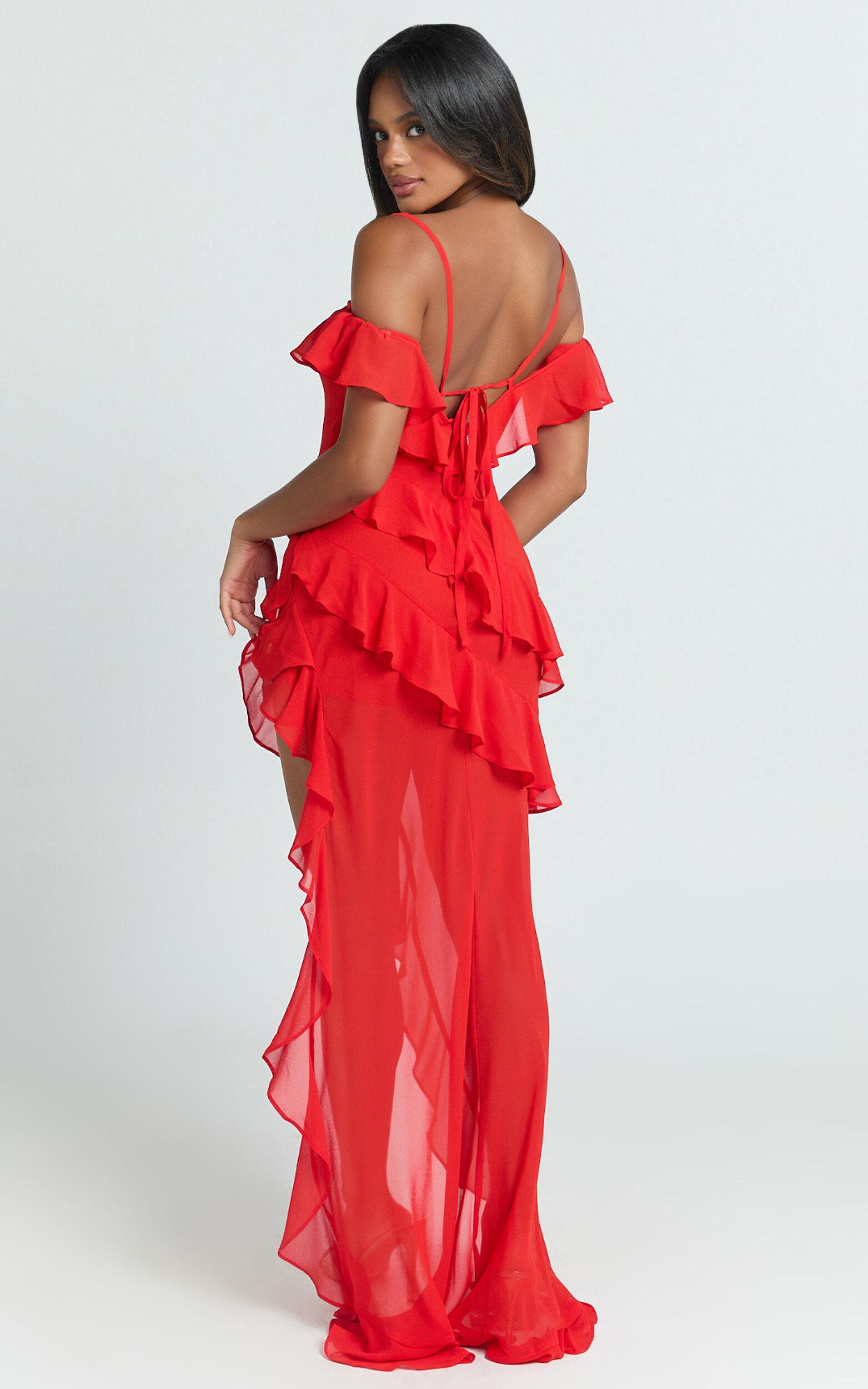 Brigitte Maxi Dress - Halter Off Shoulder Georgette Ruffle Tiered Dress in Red Product Image