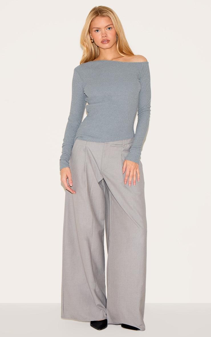Grey Soft Touch Rib Asymmetric Long Sleeve Top Product Image