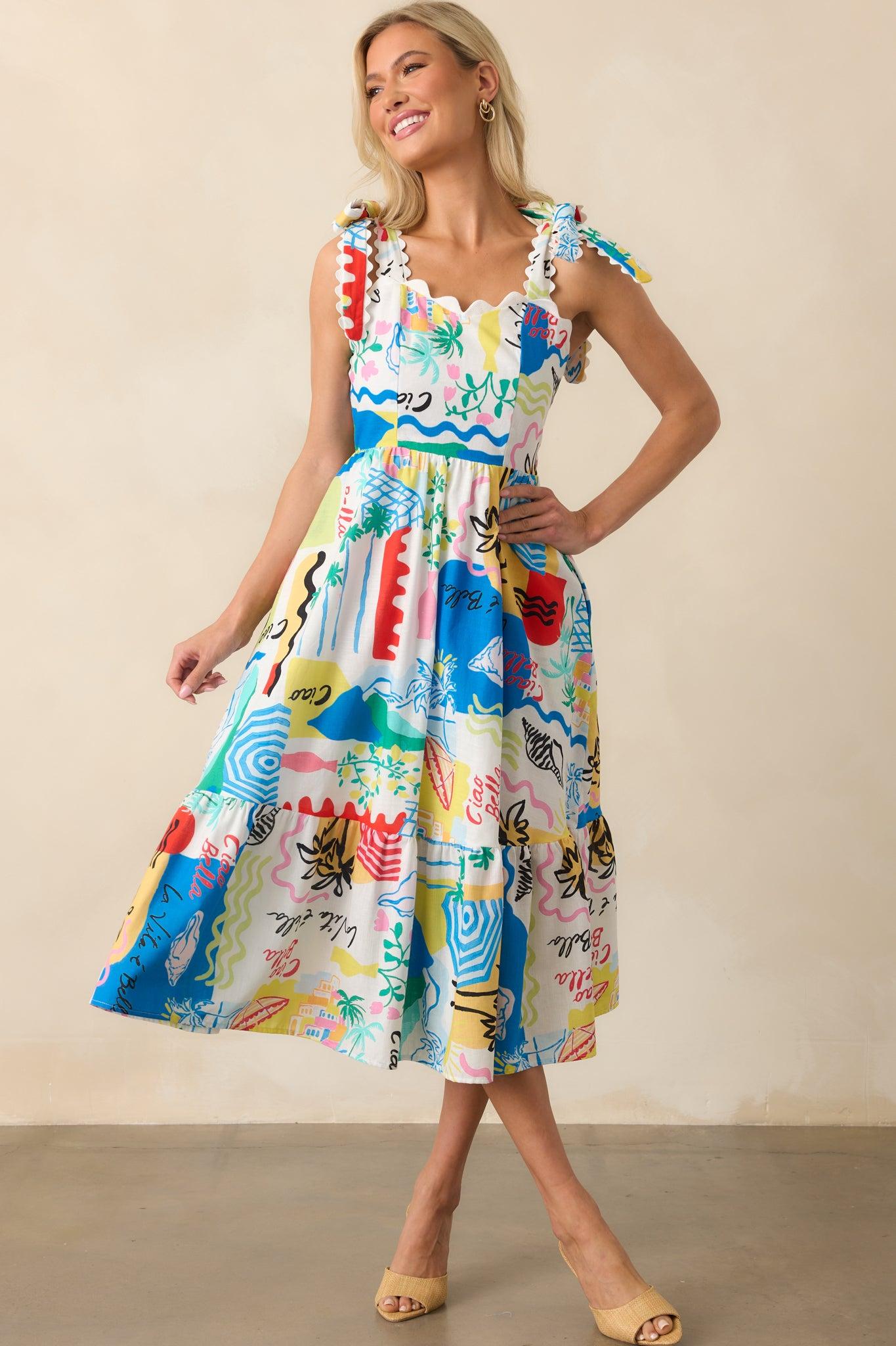Prosperina Francesca Multi Tropical Print Linen Midi Dress Product Image