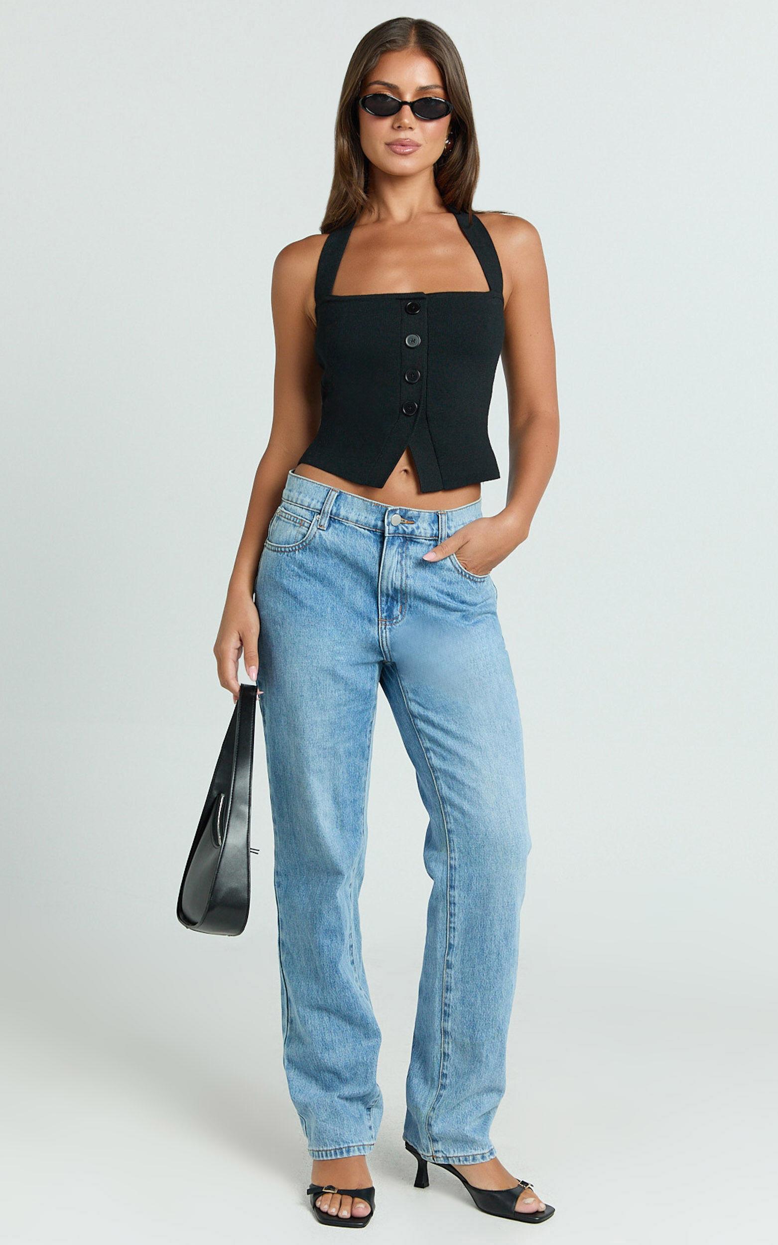 Elsie Top - Halter Square Button Front Knit Top in Black Product Image