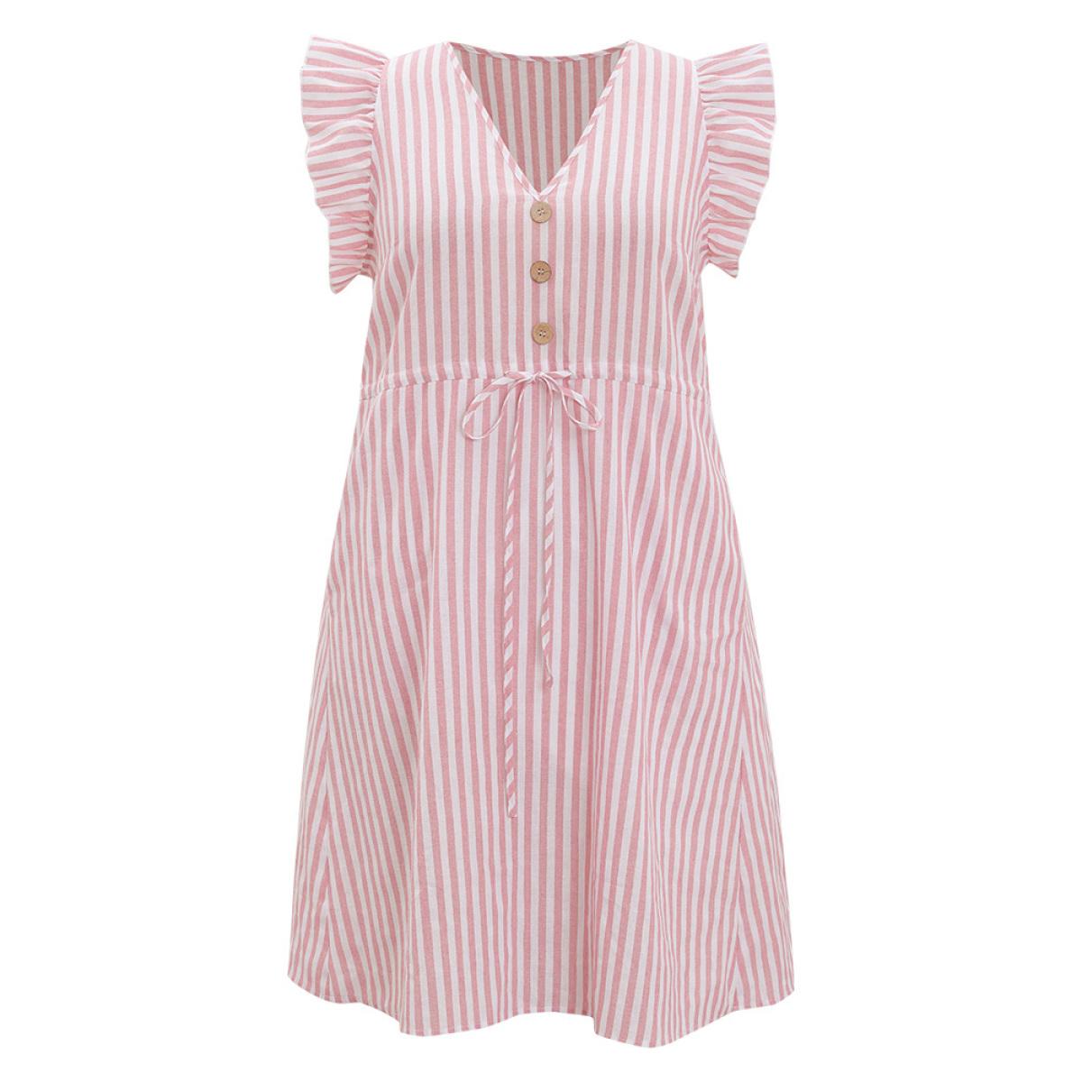 Plus Size Striped Print Button Detail Ruffle Trim Drawstring Dress Pink Women Vacation Drawstring V-neck Cap Sleeve Curvy Knee Dress BloomChic 18-20/2X Product Image