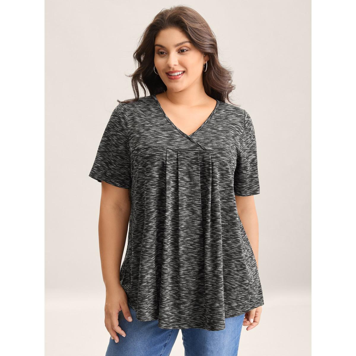 Plus Size Heather Surplice Neck Curvy Hem T-Shirt Black Women Leisure Overlapping Overlap Collar Loose Casual T-shirts BloomChic 18-20/2X Product Image