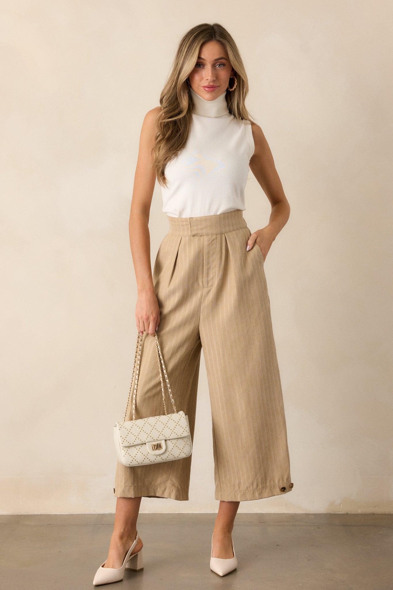 Get With It Tan Pinstripe Cropped Wide Leg Pants Product Image