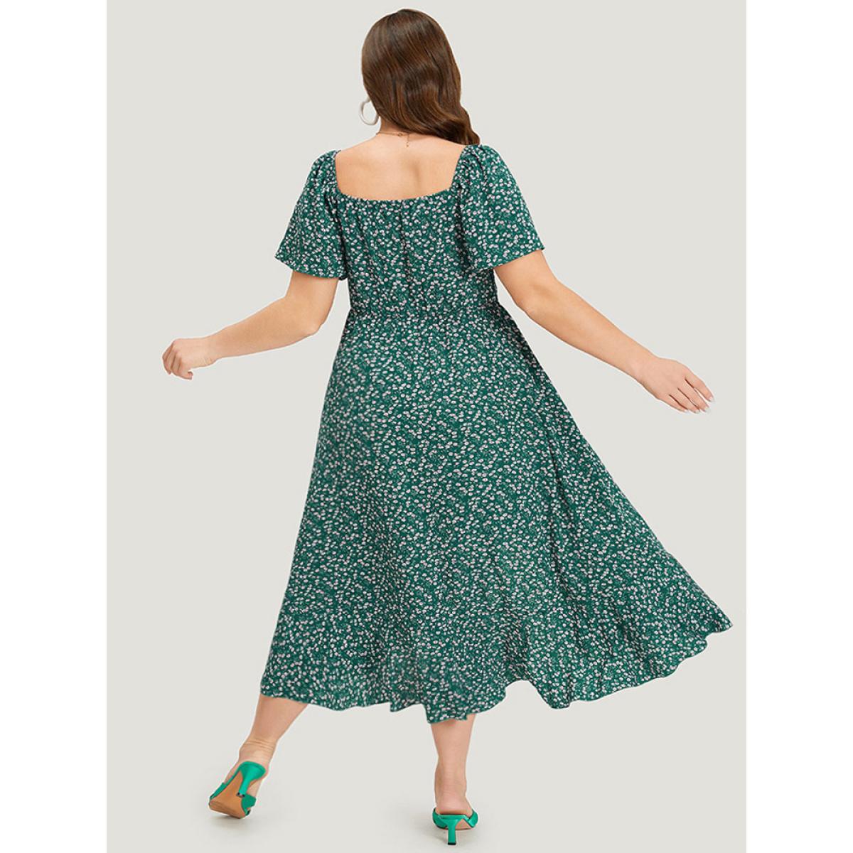 Plus Size Ditsy Floral Shirred Bowknot Pocket Wrap Hem Dress Teal Women Elegant Wrap Square Neck Short sleeve Curvy Midi Dress BloomChic 28/5X Product Image