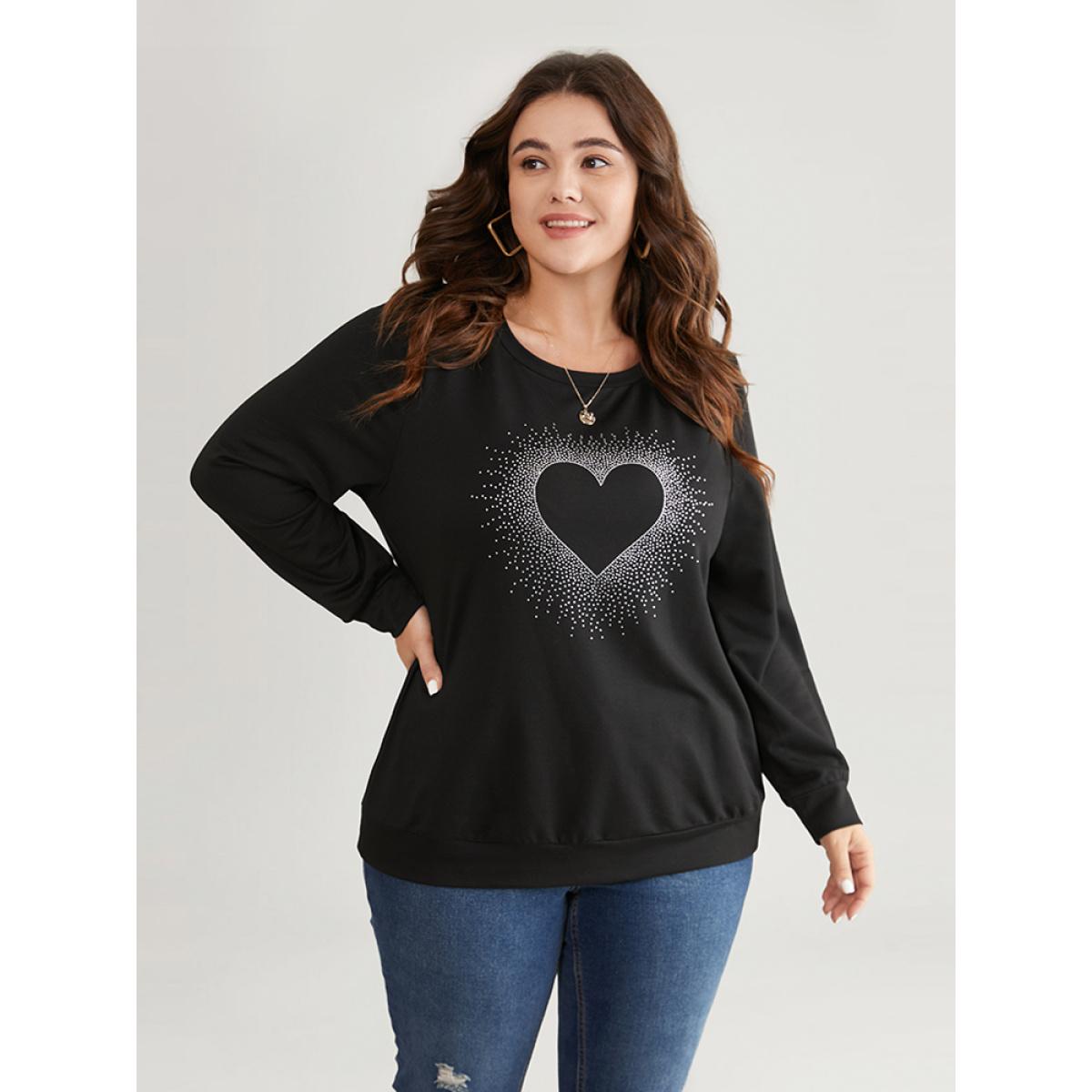 Plus Size Heart Rhinestone Round Neck Sweatshirt Women Black Casual Rhinestone detailing Dailywear Sweatshirts BloomChic 30/6X Product Image