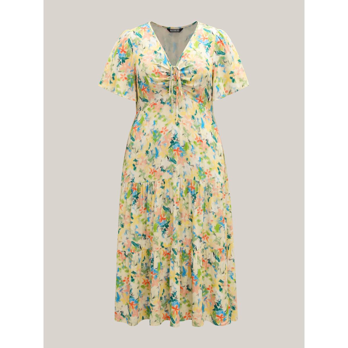 Plus Size Floral Print Cinched Bust Tiered Maxi Dress Multicolor Women V-neck Short sleeve Curvy BloomChic 12/L Product Image
