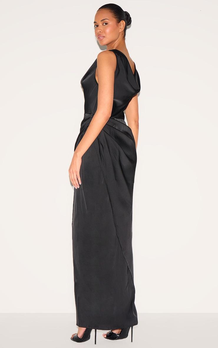 Black Satin Cowl Neck Draped Maxi Dress Product Image