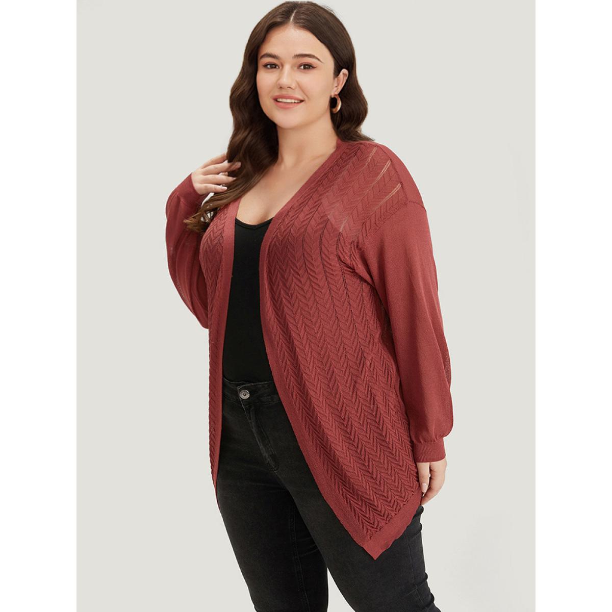 Plus Size Geometric Plisse Patchwork Loose Open Front Cardigan Russet Women Casual Loose Long Sleeve Everyday Cardigans BloomChic 30/6X Product Image