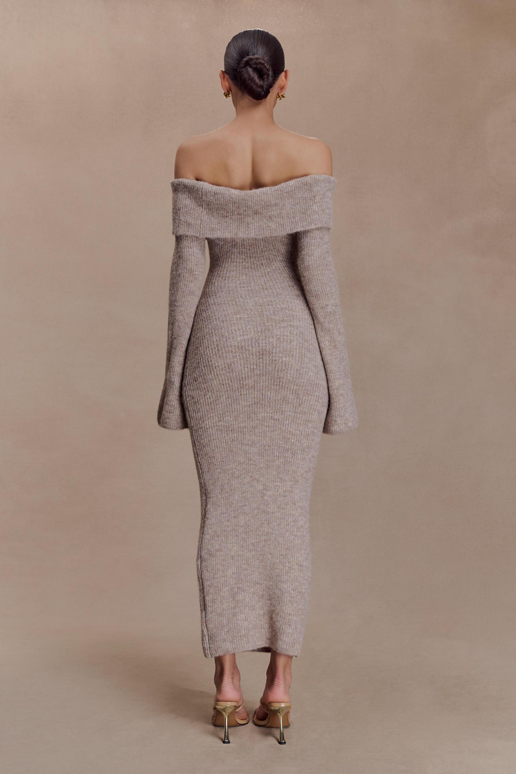 Baxter Off Shoulder Fluffy Knit Midi Dress - Taupe Marle Product Image