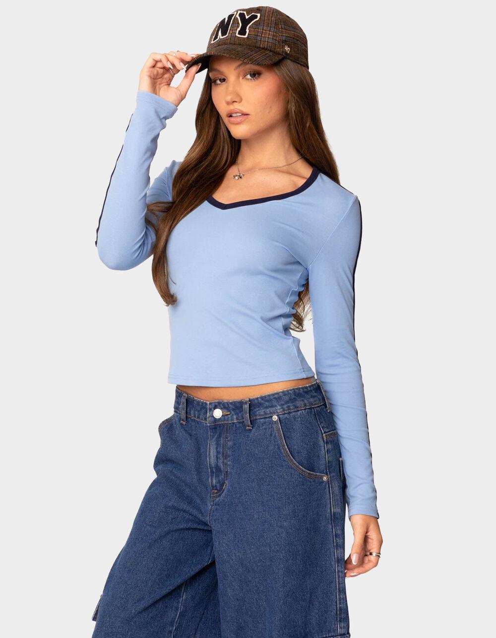 EDIKTED Contrast V-Neck Long Sleeve Tee - LIGHT BLUE Product Image