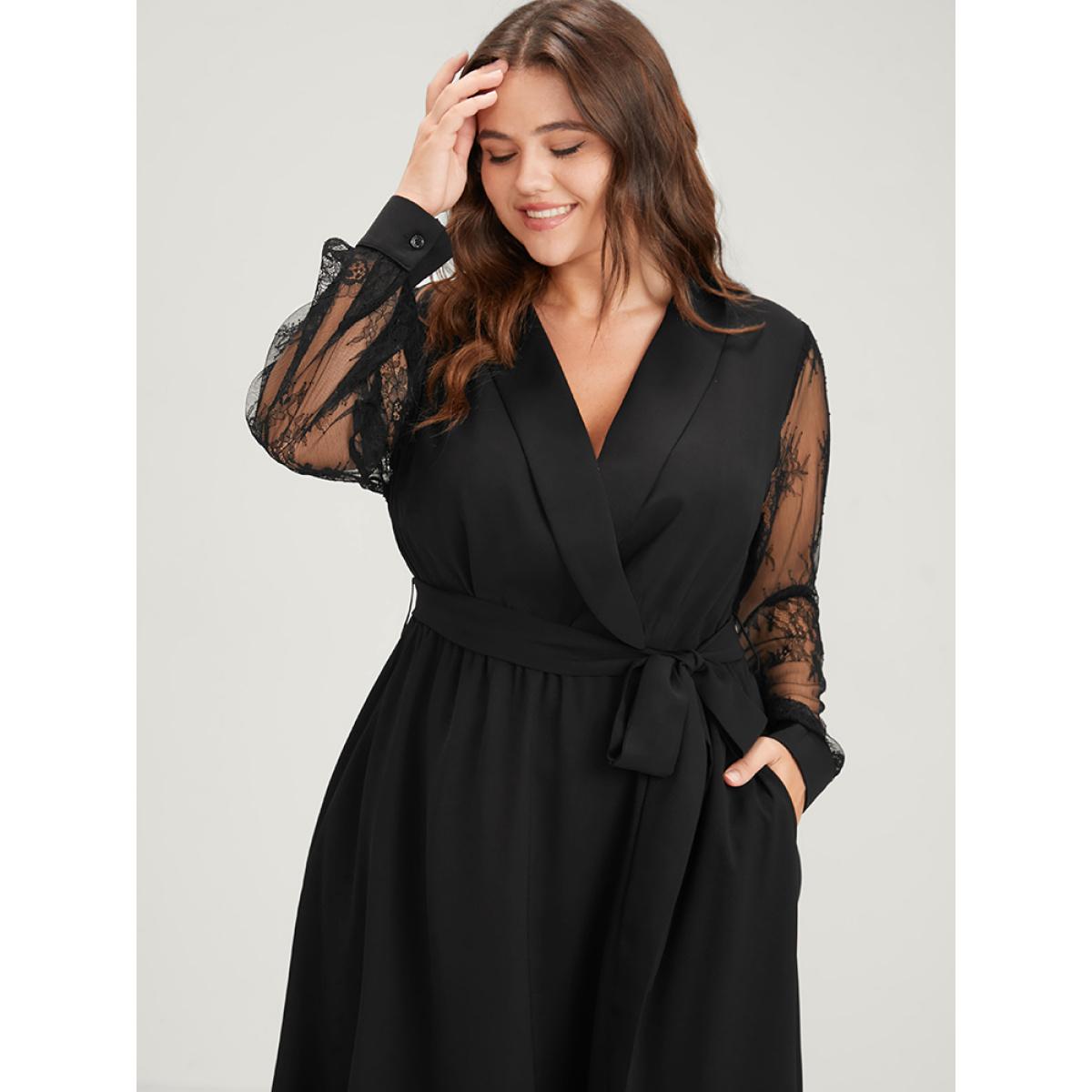 Plus Size Solid Lace Lantern Sleeve Button Lapel Collar Belted Maxi Dress Black Women Elegant Cross straps Lapel Collar Long Sleeve Curvy Long Dress BloomChic 22-24/3X Product Image