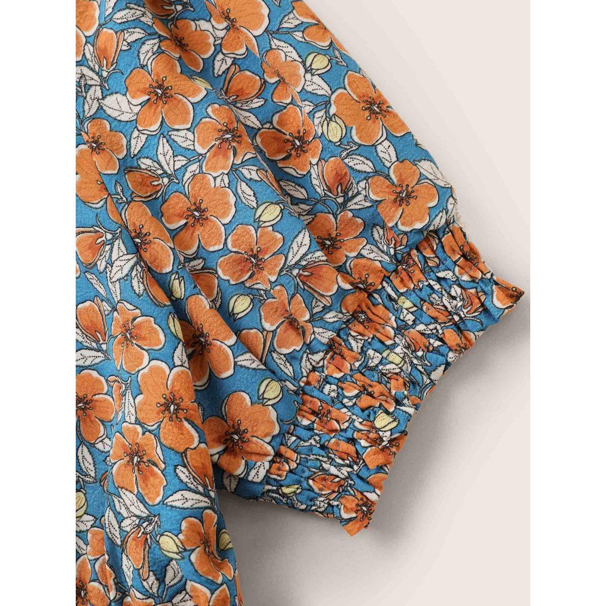 Plus Size Cerulean Floral Surplice Neck Shirred Lantern Sleeve Blouse Women Elegant Short sleeve Overlap Collar Everyday Blouses BloomChic 14-16/1X Product Image