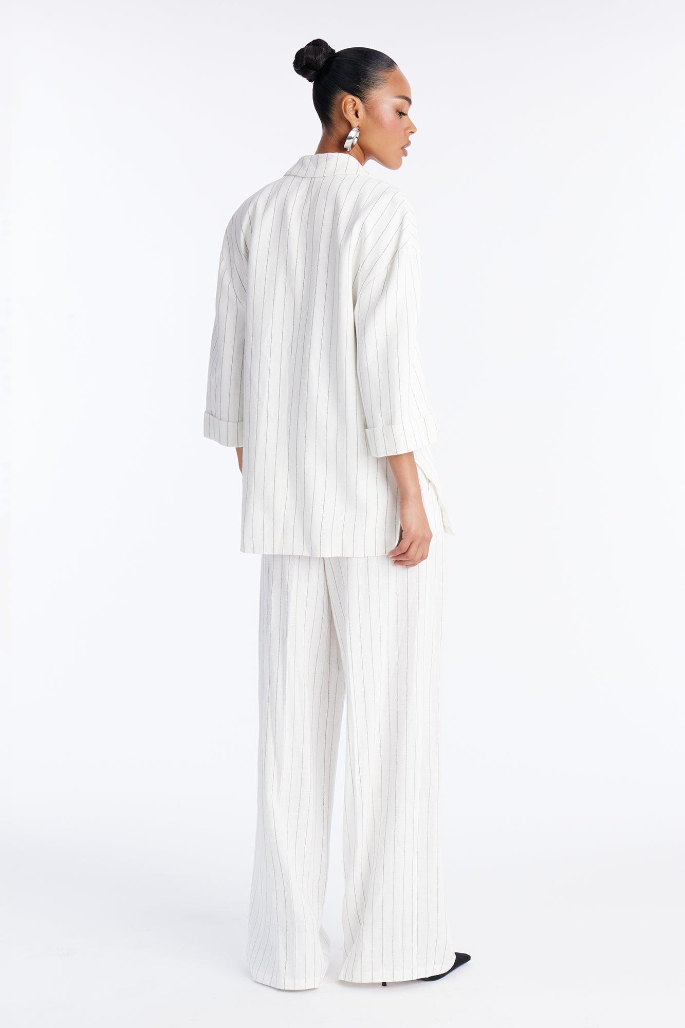 Thalia Linen Pinstripe Pant Set - White/combo Female Product Image