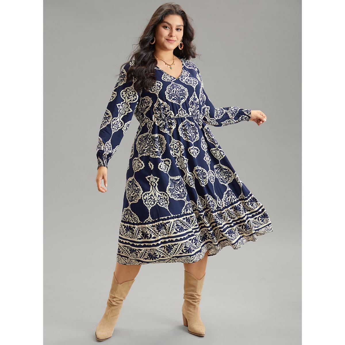 Plus Size Moroccan Print Shirred Cuffs Pocket Dress DarkBlue Women Resort Printed V-neck Long Sleeve Curvy Midi Dress BloomChic 18-20/2X Product Image