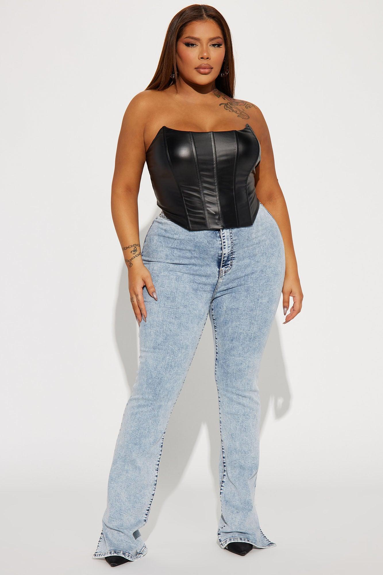 Side Slit Stretch Slim Bootcut Jeans - Acid Wash Denim Product Image