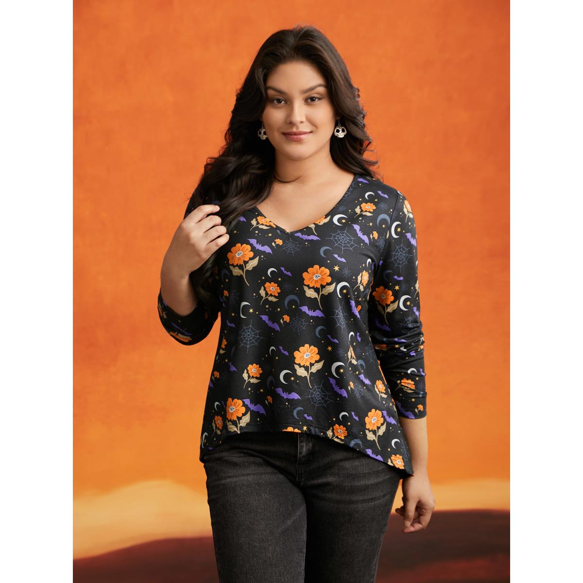 Plus Size Floral Knit V-Neck Halloween T-shirt Black Women Casual Non Halloween V-neck Everyday T-shirts BloomChic 22-24/3X Product Image