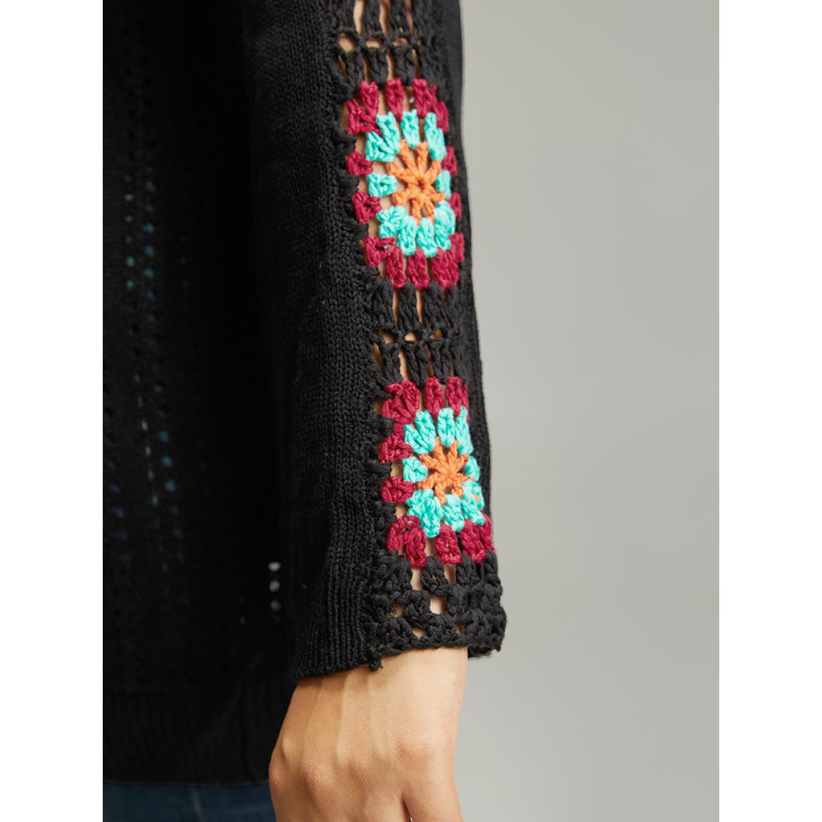 Plus Size Plain Hollow Out Patchwork Cardigan Black Women Casual Loose Long Sleeve Dailywear Cardigans BloomChic 18-20/2X Product Image