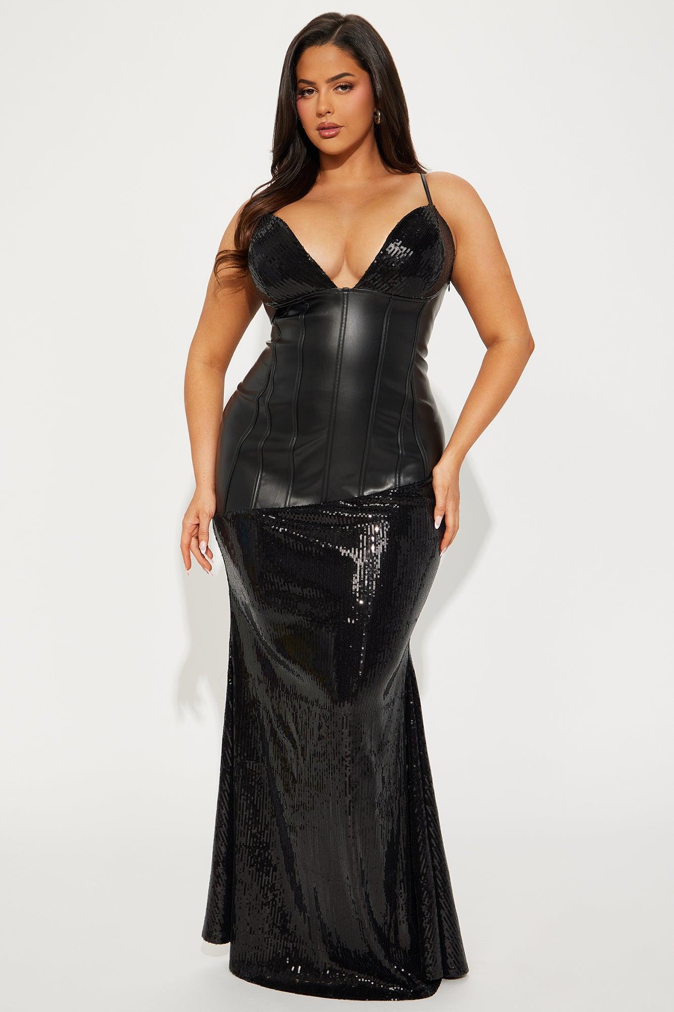 Heather Faux Leather Sequin Maxi Dress - Black Product Image