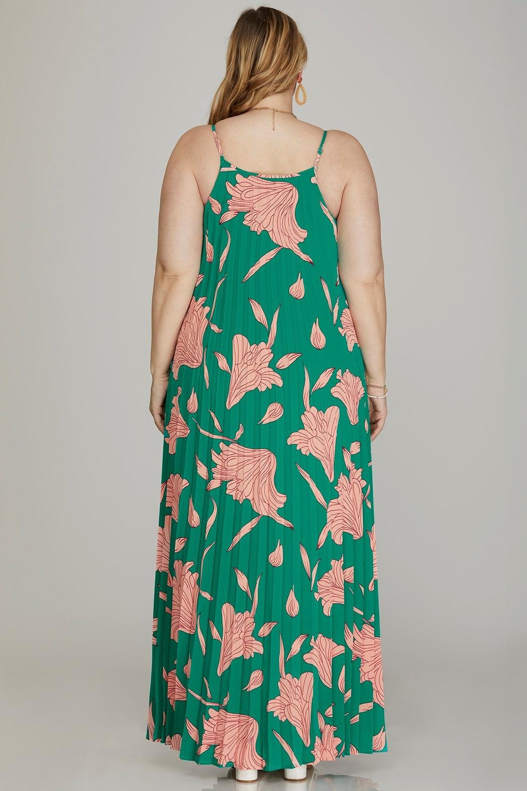 Pleated Woven Floral Print Maxi Dress Product Image