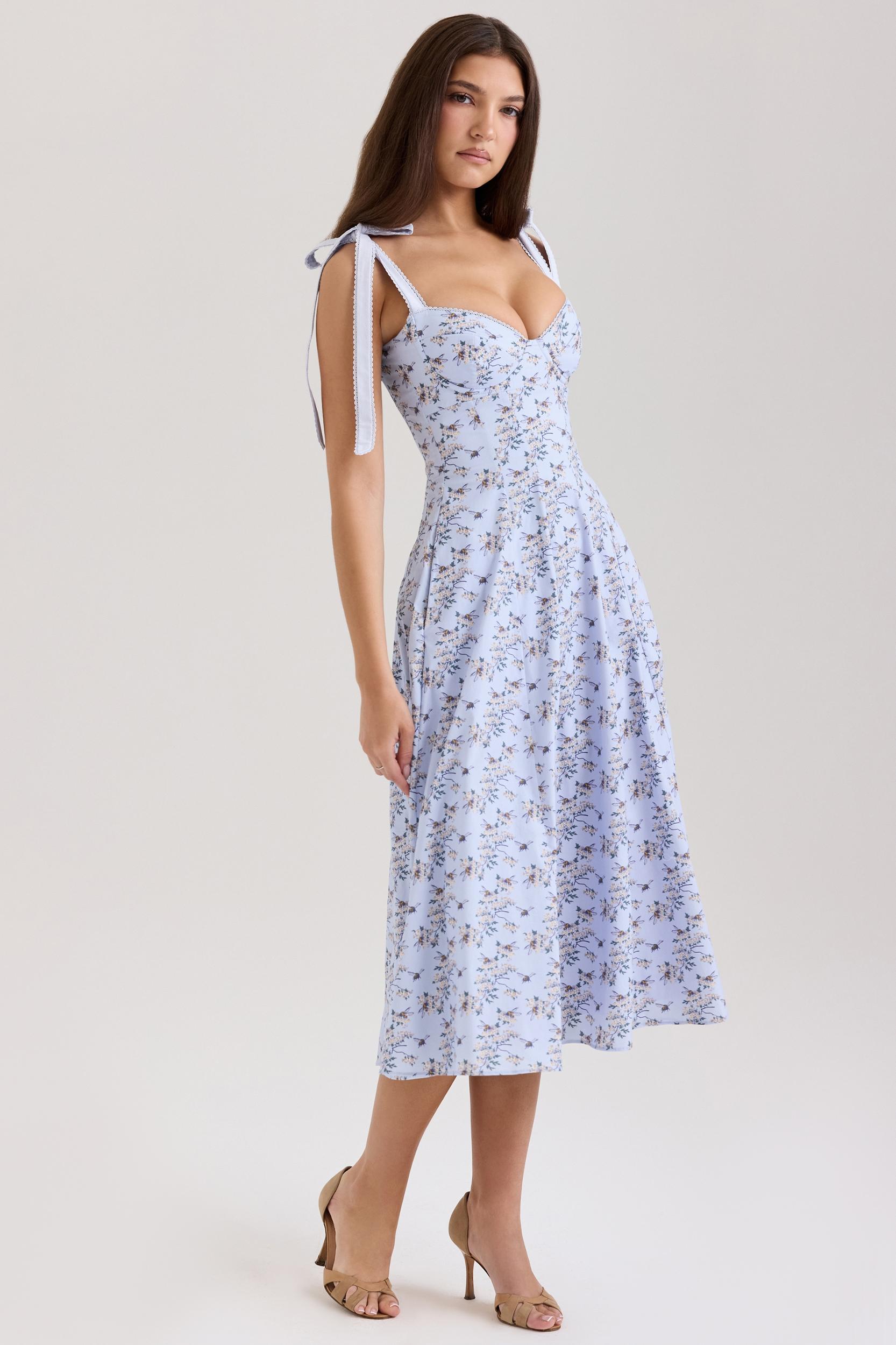 Emely  blue floral print stretch cotton midi sundress Product Image