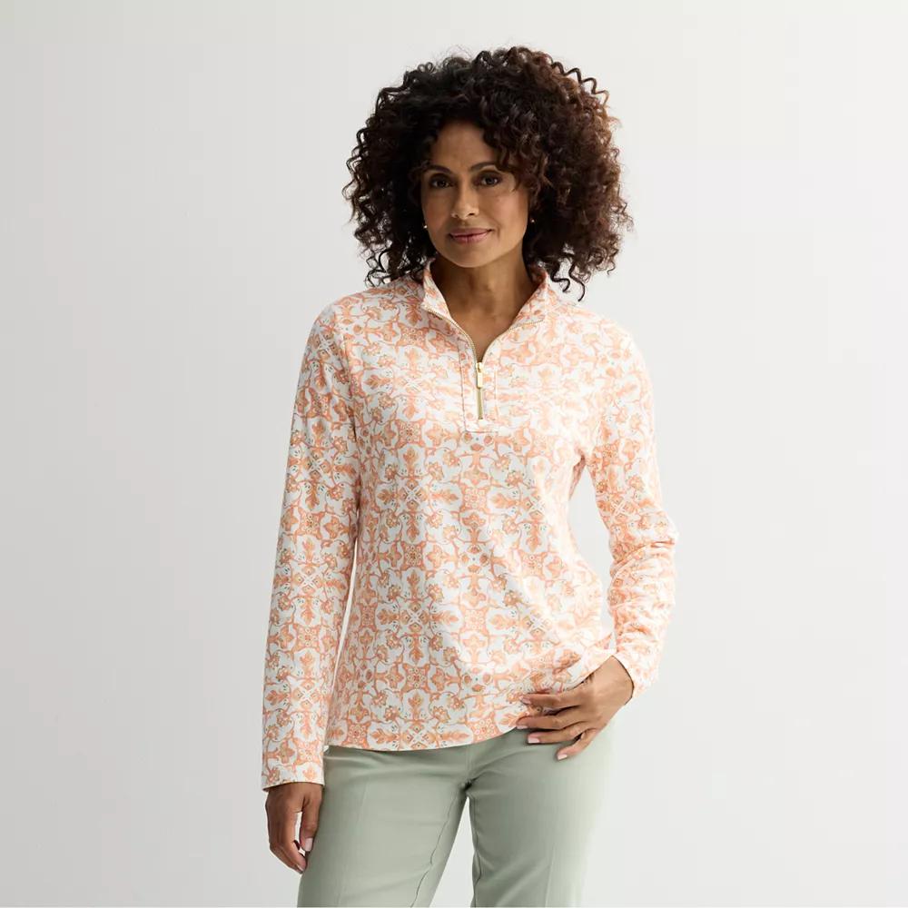 Petite Croft & Barrow® Quarter Zip Stand Collar Pullover, Women's, Size: Medium Petite, Pink Mosaic Medallion Product Image
