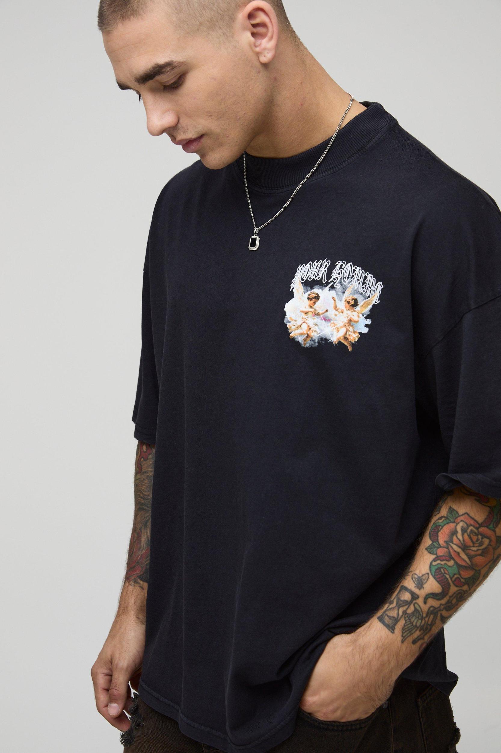 Black Oversized Extended Neck Washed Renaissance Cherub T-Shirt | boohooMAN USA Product Image