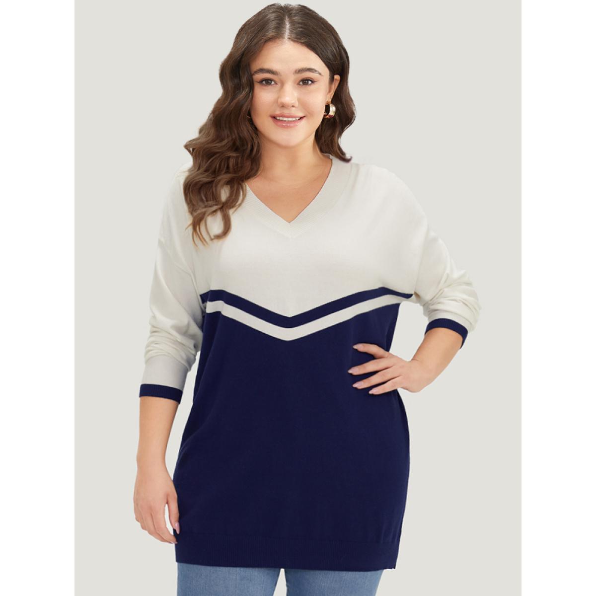 Plus Size Striped Two Tone V Neck Drop Shoulder Pullover Indigo Women Casual Loose Long Sleeve V-neck Dailywear Pullovers BloomChic 22-24/3X Product Image