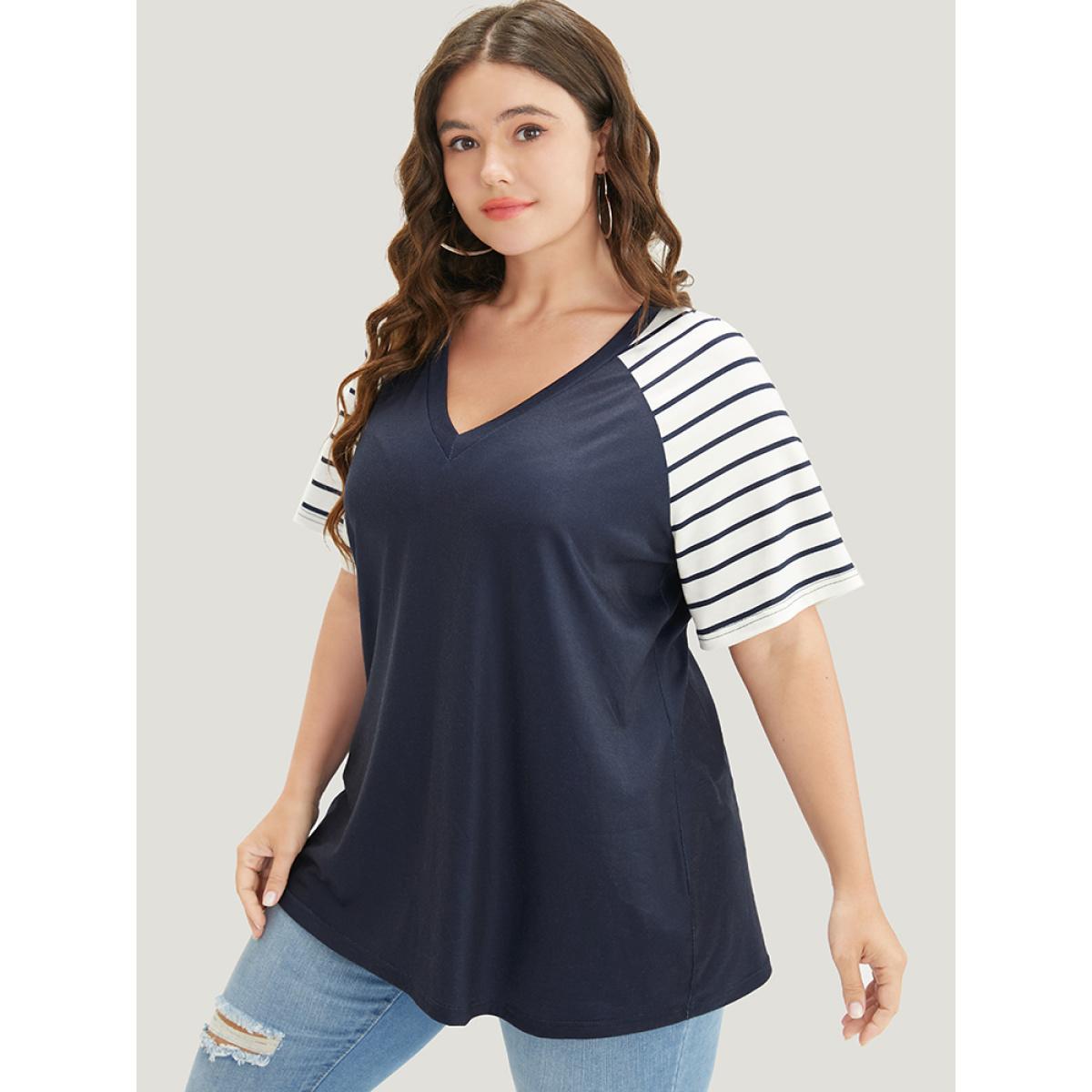 Plus Size Striped Contrast Raglan Sleeve V Neck T-shirt Midnight Women Casual Patchwork Striped V-neck Dailywear T-shirts BloomChic 28/5X Product Image