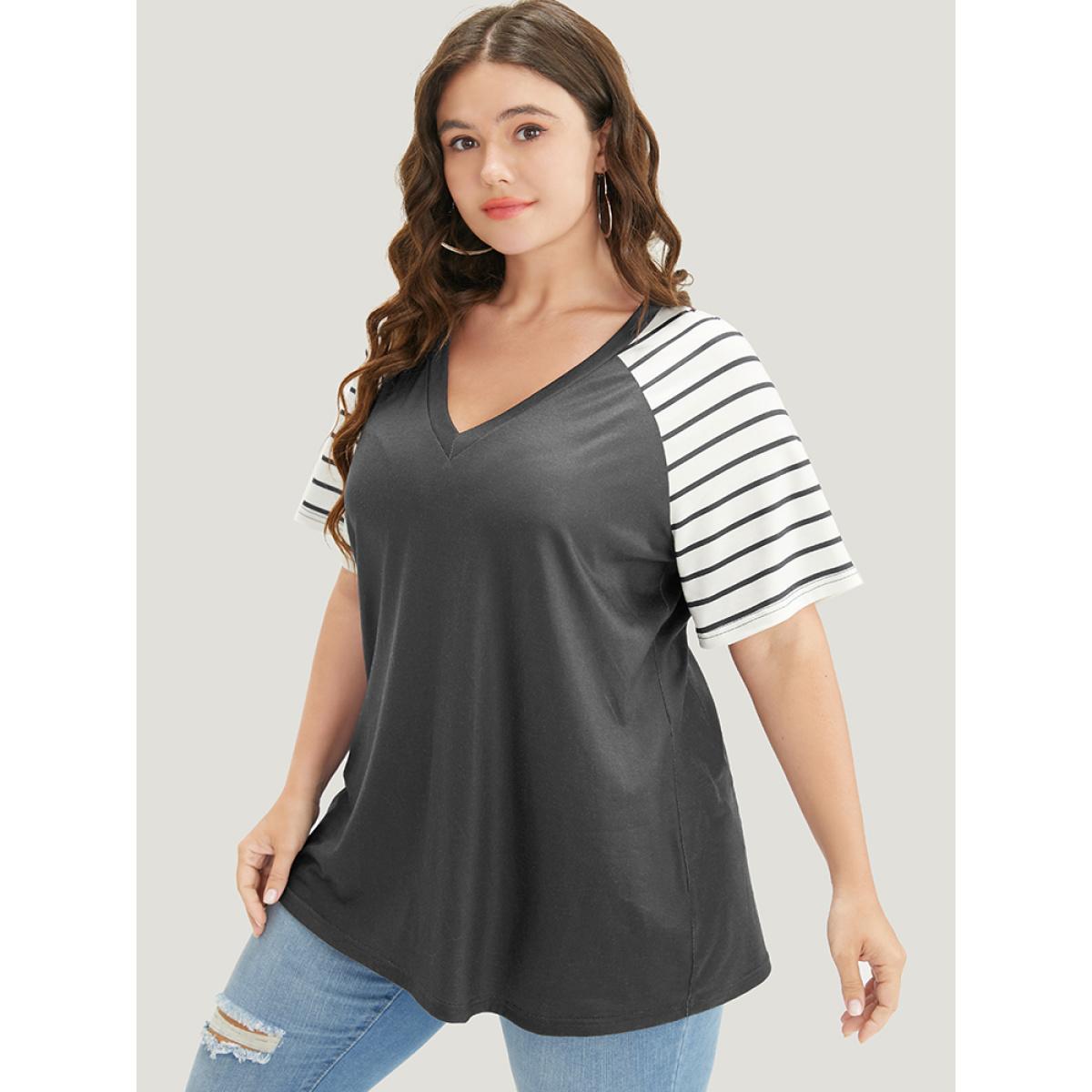 Plus Size Striped Contrast Raglan Sleeve V Neck T-shirt Gray Women Casual Patchwork Striped V-neck Dailywear T-shirts BloomChic 30/6X Product Image