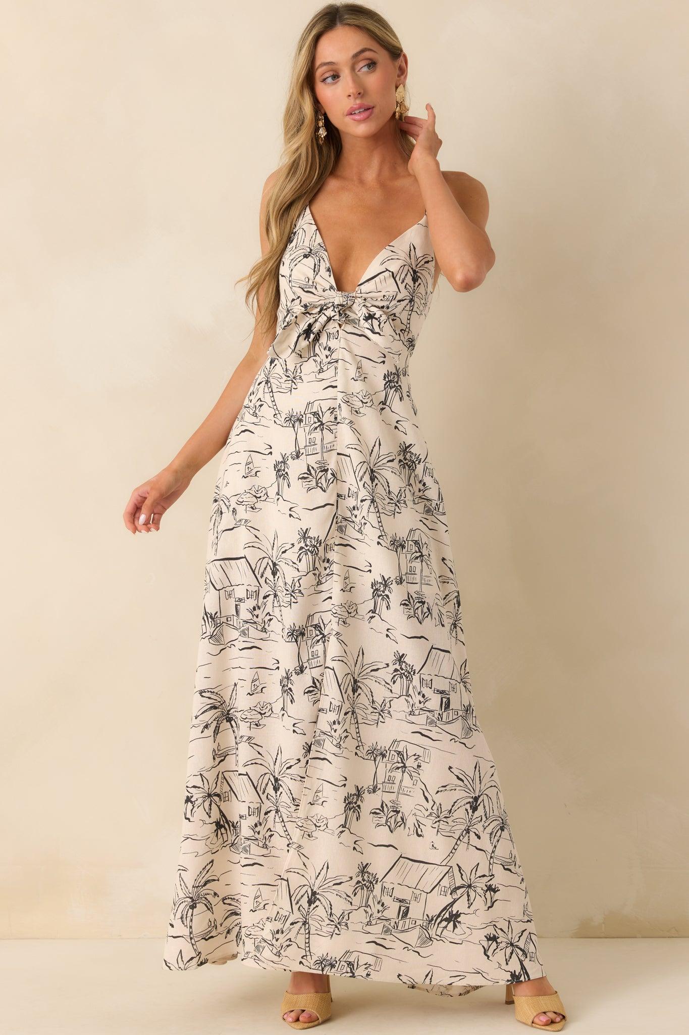 Just Fell Into Place Ivory Tropical Print Linen Blend Maxi Dress Product Image