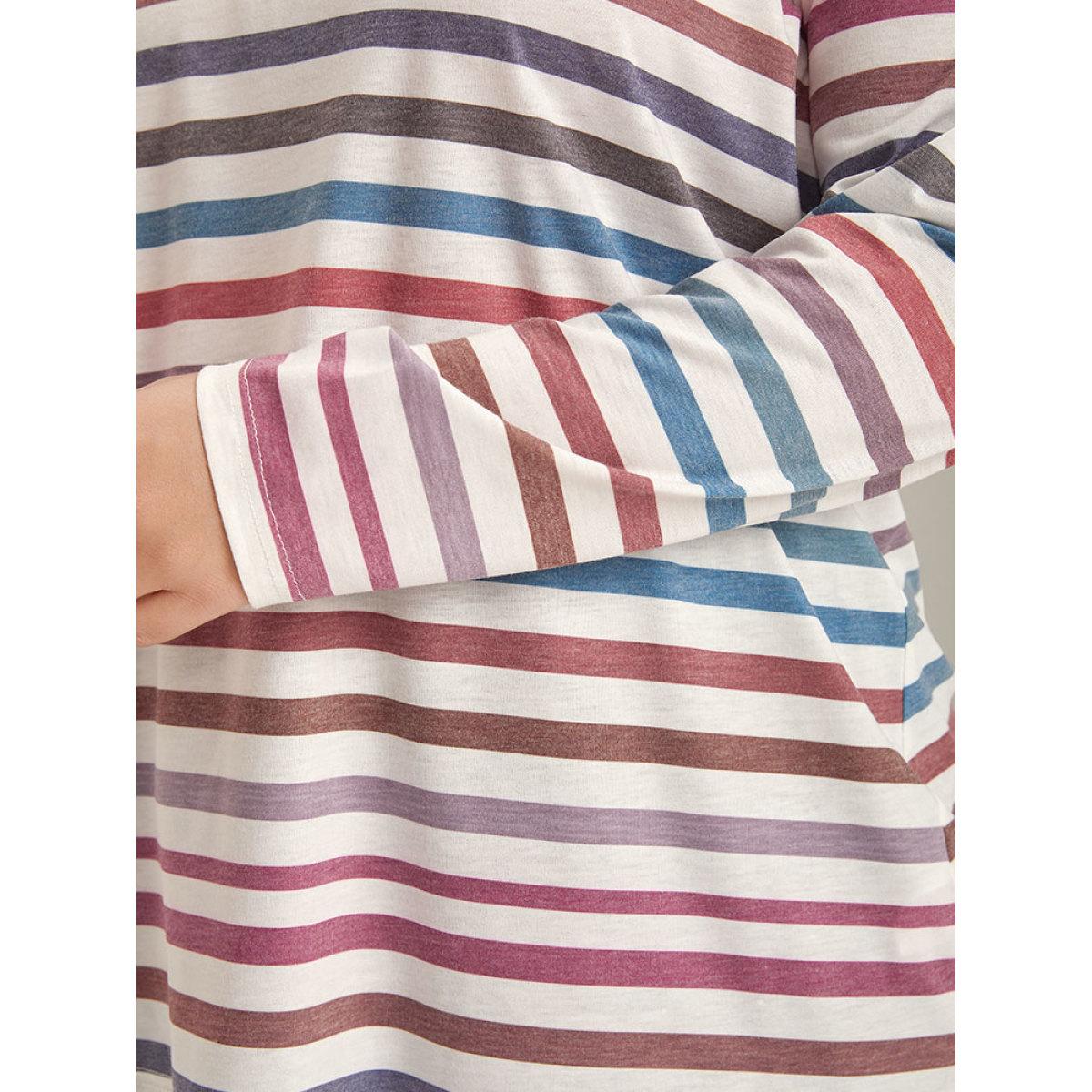 Plus Size Striped V Neck Button Detail Raglan Sleeve T-shirt Multicolor Women Casual Button Striped V-neck Dailywear T-shirts BloomChic 26/4X Product Image