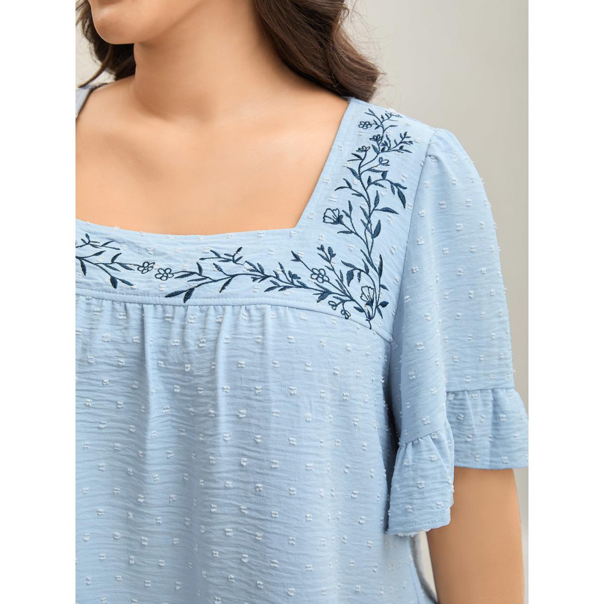 Plus Size LightBlue Textured Floral Embroidered Flared Sleeve Shirt Women Boho Short sleeve Square Neck Vacation Blouses BloomChic 18-20/2X Product Image