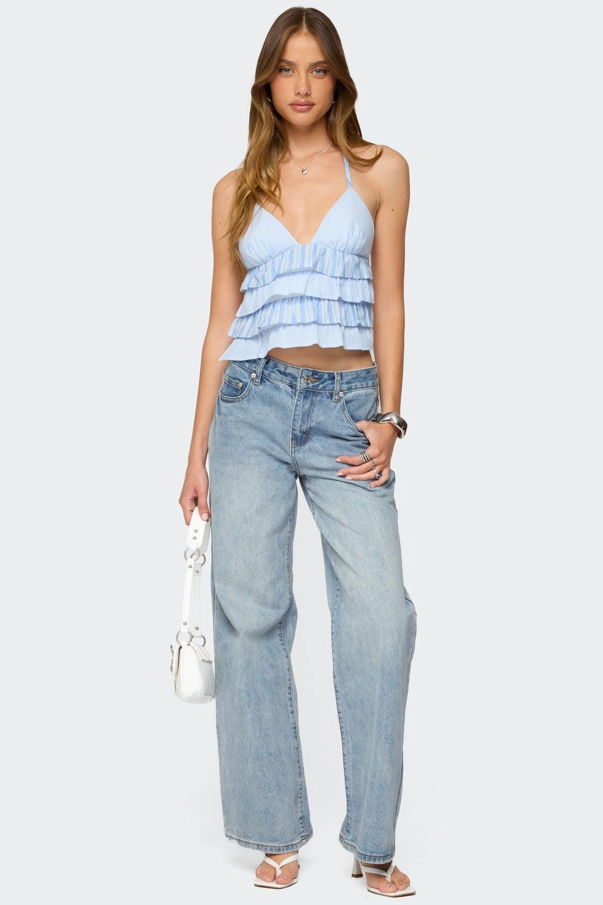 Tiered Ruffle Backless Striped Halter Top Product Image