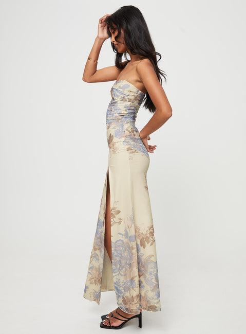 Kyanne High Split Maxi Dress Cream Multi Product Image