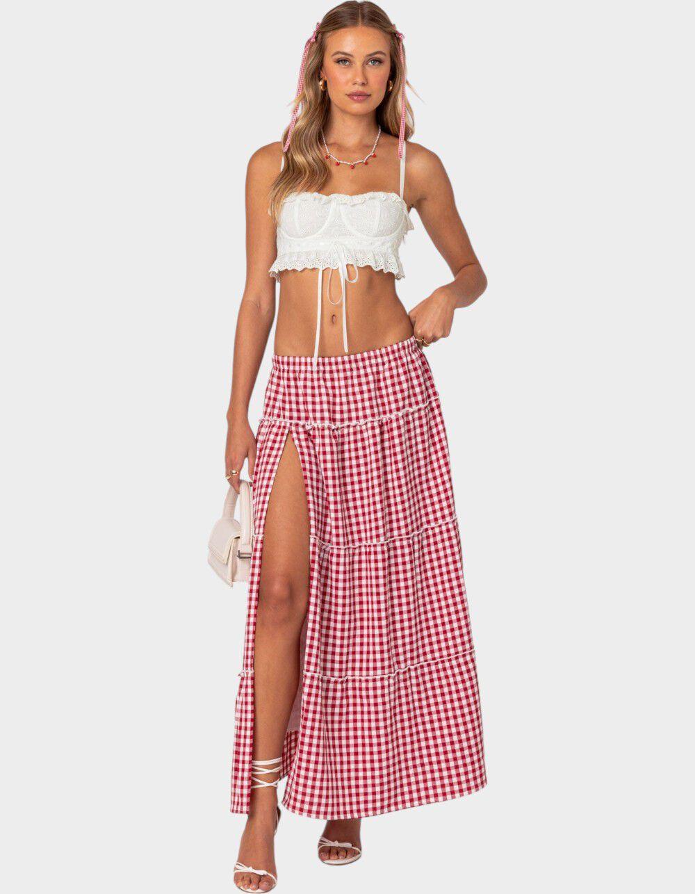EDIKTED Gingham Side Slit Tiered Maxi Skirt - RED Product Image